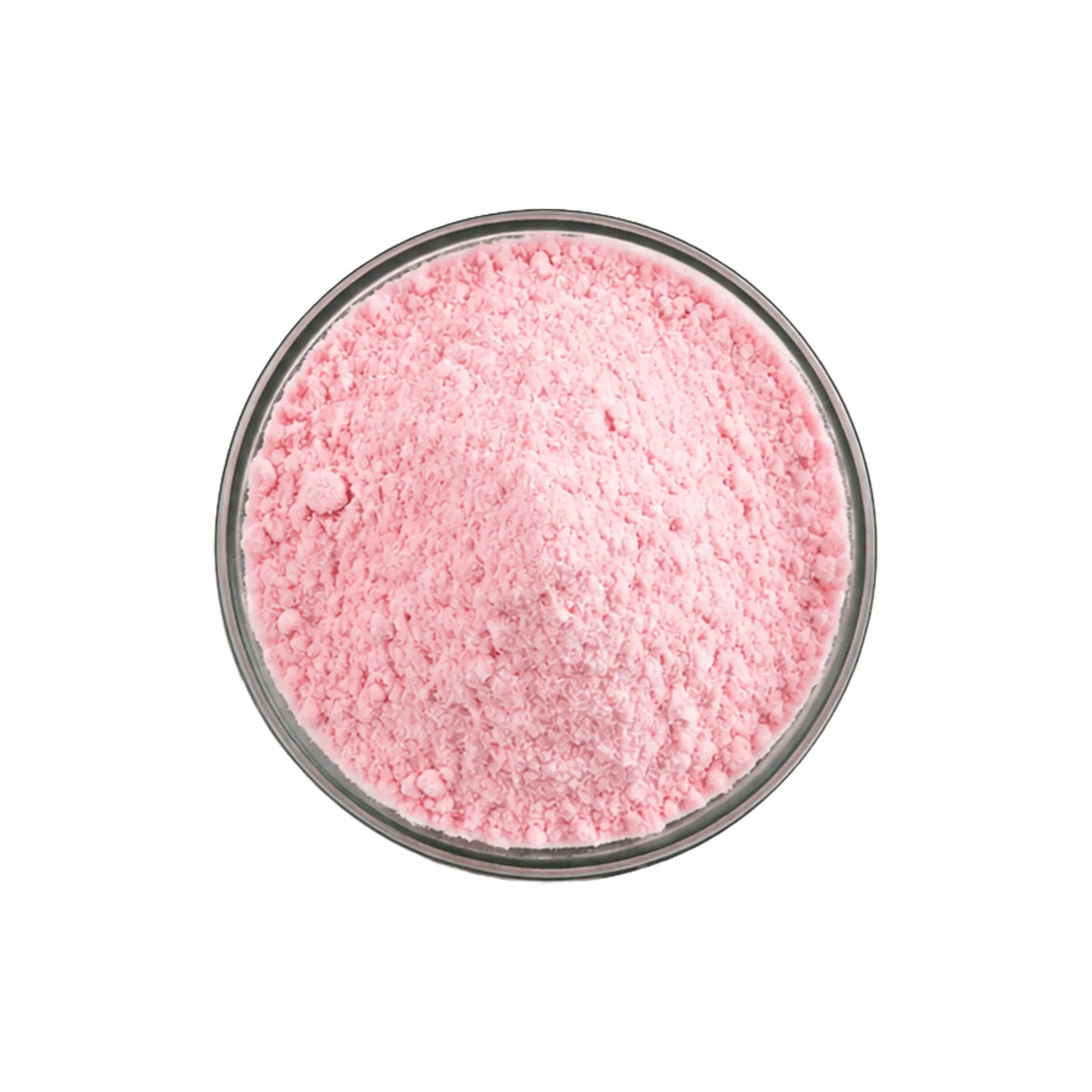 A top-down view of a mound of fine light pink powder in a clear round container, set against a solid white background.