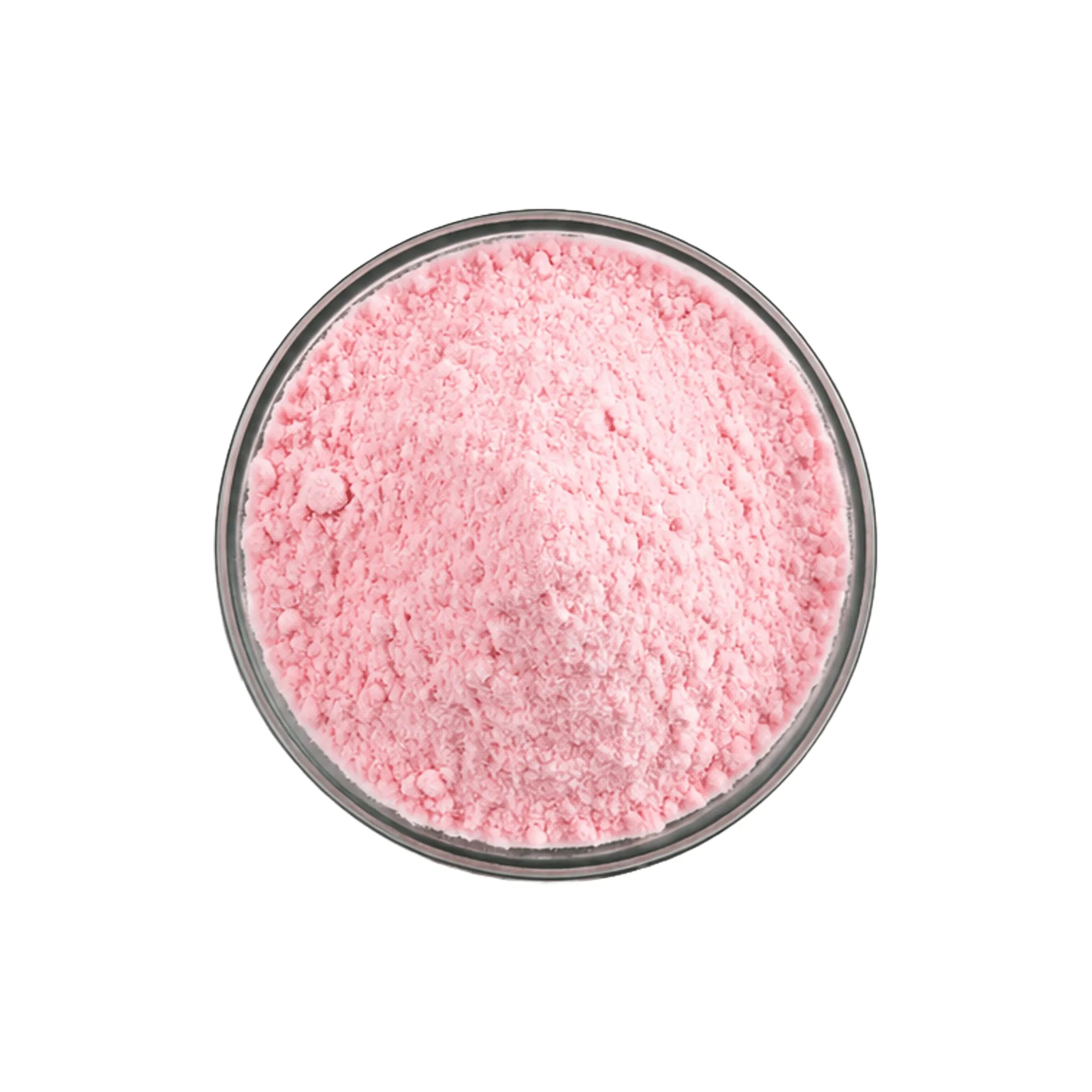 A top-down view of a mound of fine light pink powder in a clear round container, set against a solid white background.