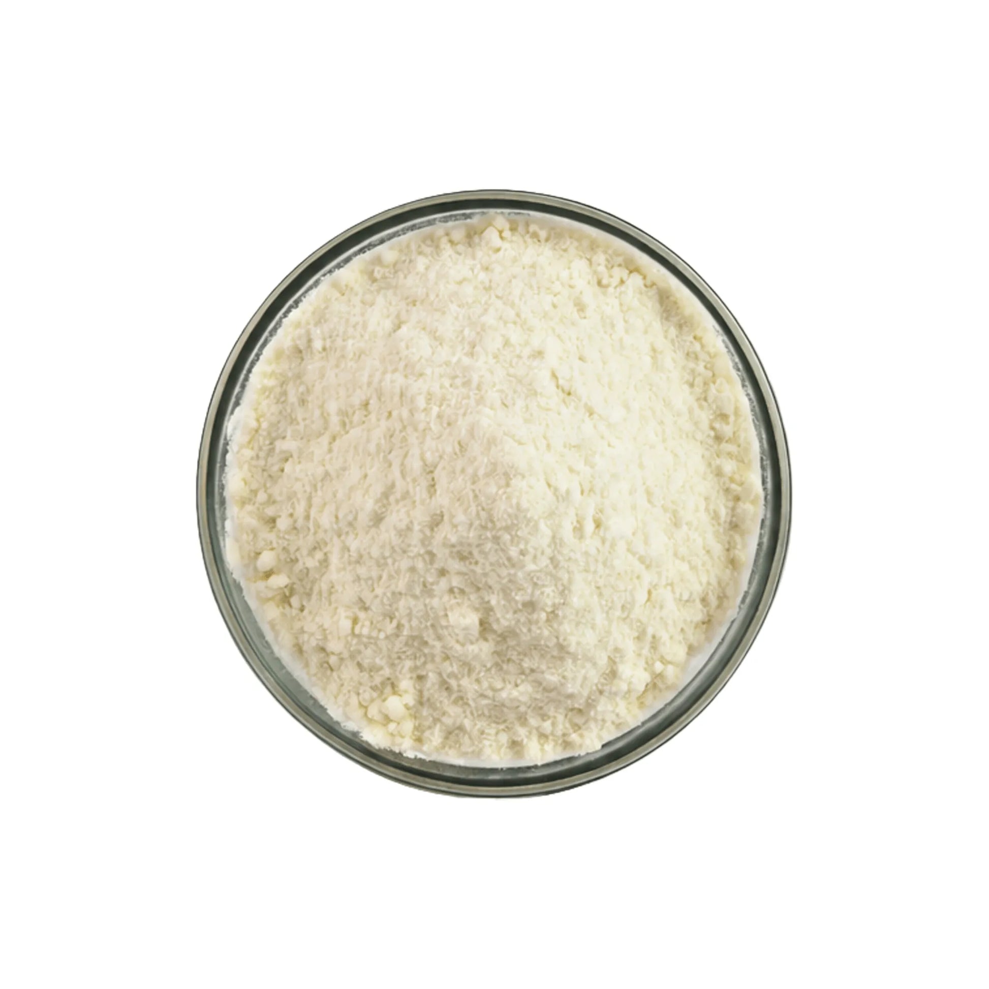 A top-down view of a fine white powder, likely almond flour or protein powder, contained in a clear glass bowl against a solid white background.